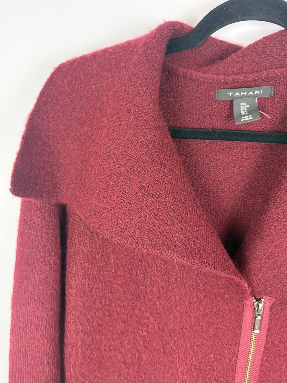 Tahari Asymmetric Zip Wool Blend Cardigan Coat Sweater Burgundy Red L - Picture 6 of 12